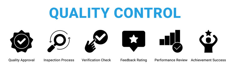 Quality Control web banner icon concept,  with Quality Approval, Inspection Process, Verification Check, Feedback Rating, Performance Review, Achievement Success.