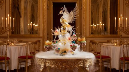 Elegant sugar sculpture centerpiece luxury dessert ornate phoenix design gold accents fine dining opulent banquet artistic confection round table candlelit ambiance celebration