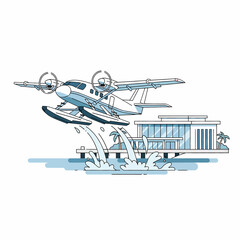 Seaplane taking off from a tropical waterfront terminal with splashing water