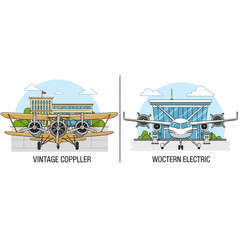 Vintage biplane and modern aircraft illustration showcasing transportation evolution in a graphic format