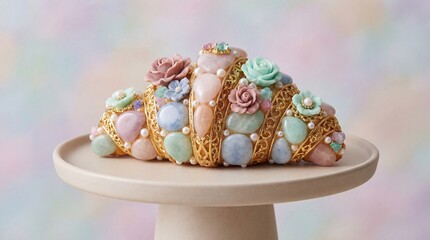 Pastel croissant decorated with gold filigree, pearls, and floral icing, creating luxurious and elegant dessert presentation, perfect for celebrations or high tea