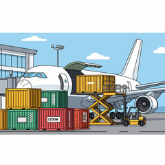 Airplane being loaded with cargo containers at airport terminal