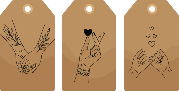 Three brown kraft paper gift tags with minimalist line of hands and hearts line hand