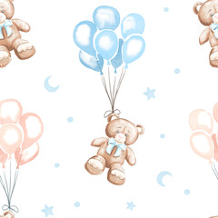 Soft Blue Watercolor Baby Shower Celebration Seamless Pattern