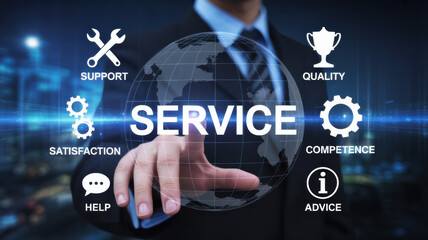 Professional businessman touches a futuristic holographic display showing global service concepts