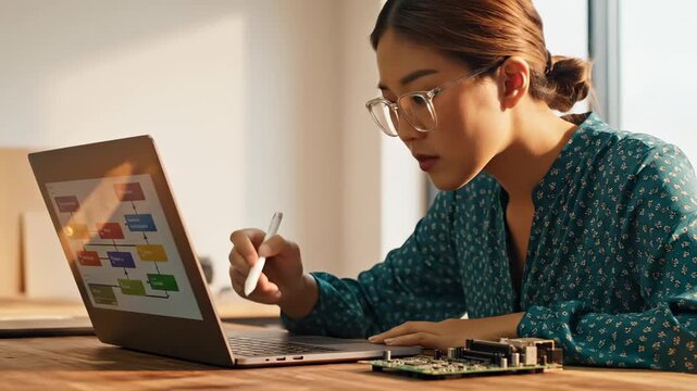 Woman engineer designs flowchart on laptop using stylus. Developer works with circuit board nearby. Engineer creates diagram on laptop. Woman uses stylus for flowchart design with circuit board.