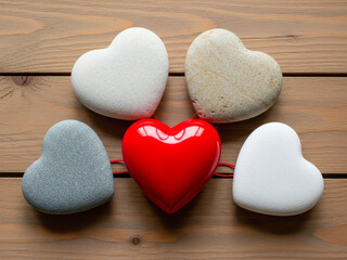 Obraz premium Five HeartShaped Stones Arranged With Glossy Red Heart Center