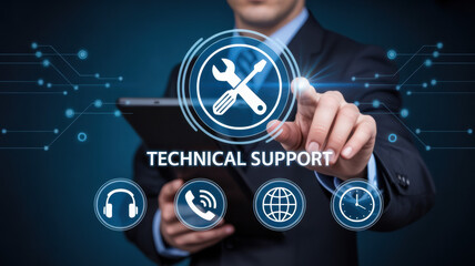 Professional hand interacting with virtual technical support system on dark blue background