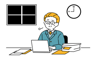 パソコンを使う年配男性サラリーマンの残業イラストイメージ