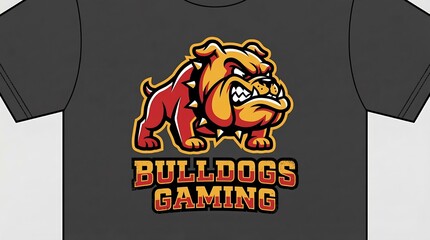 Vibrant bulldog gaming logo on dark grey t-shirt design