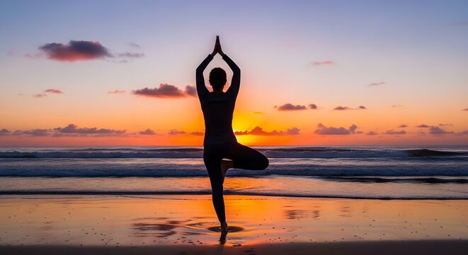 Silhouette of person in yoga tree pose on beach at sunset ocean vrikshasana