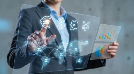 A business professional interacts with global finance on a transparent screen