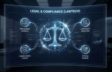 Legal analysis AI software performs contract compliance checks, digital precedent search engine data. Professional law firm dashboard manages ethics engine research, justice system records