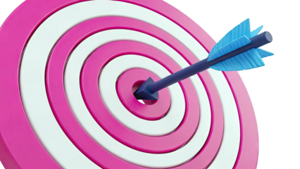 Arrow hitting the bullseye on a pink and white target