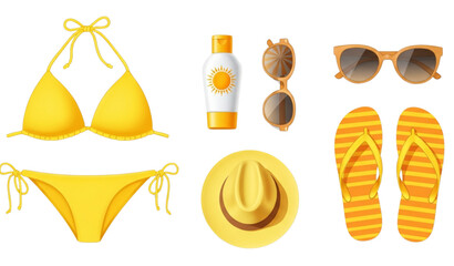 Summer vacation essentials flat lay vector beach accessories set