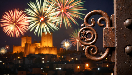 Iron gate with fireworks bursting in the background during Bastille Day celebration