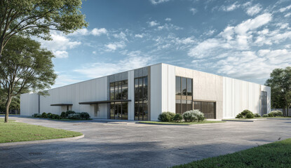 Modern industrial warehouse building with sleek white metal exterior, large glass windows, and landscaped surroundings under a partly cloudy sky