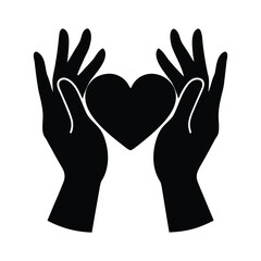 Human hands gently holding a heart symbol silhouette vector illustration for charity care and Valentine's Day romantic themes