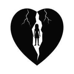 Woman silhouette inside a broken cracked heart vector illustration for emotional heartbreak and Valentine's Day sadness themes"