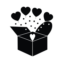 Open gift box filled with flying heart shapes silhouette vector illustration for surprise and Valentine's Day romantic presents