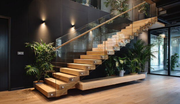Modern interior staircase with wooden treads and glass balustrade surrounded by lush green potted plants in modern structure
