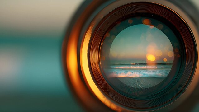 Ocean sunset viewed through a ship's porthole or a camera lens. lens ocean view nostalgic charm, romance of sea travel adventure. Golden hour view of the ocean through a porthole, camera lens. 