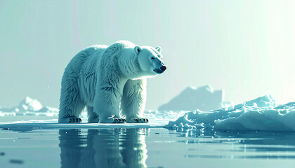 Melting polar ice with a small stranded polar bear, minimal yet emotional climate change illustration, soft lighting