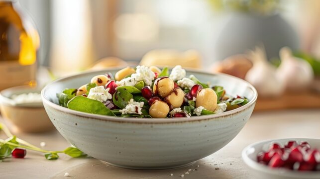 A salad with mixed greens, roasted macadamia nuts, goat cheese, and pomegranate arils.