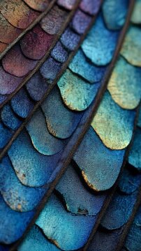 Mesmerizing iridescent scale texture, captivating gradient pattern. Colorful blue, green, purple hues shimmer, metallic sheen. Intricate overlapping scales form enchanting design, creating vibrant