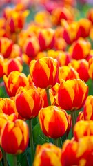 Vibrant field of tulip blossoms, red and yellow petals, focus on foreground bloom