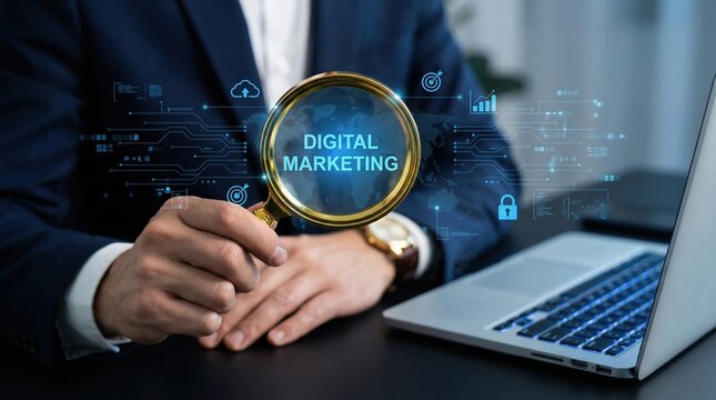 Professional businessman analyzing digital marketing strategy with a magnifying - Powered by Adobe