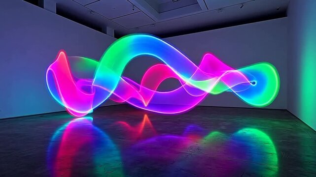 Vibrant neon light installation in a modern art gallery, viewed from a slight angle