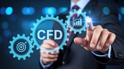 Businessman interacting with digital gears for CFD analysis and strategic growth