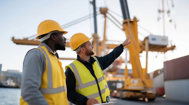 A team of dockworkers using hand signals to direct a crane operator, demonstrating the critical communication skills needed to safely manage cargo at a busy port. cinematic color correction,