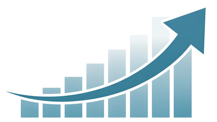 Graphical representation of economic growth through blue bar charts and an upward pointing arrow isolated on white.