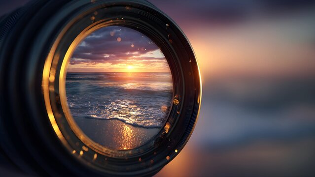 Ocean sunset viewed through a ship's porthole or a camera lens. lens ocean view nostalgic charm, romance of sea travel adventure. Golden hour view of the ocean through a porthole, camera lens. 