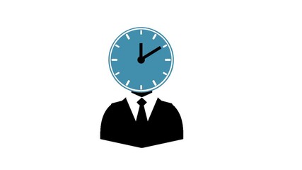 Time management concept featuring a businessman icon with a clock as his head and spinning clock hands. Symbol of productivity, scheduling, and work efficiency. - Powered by Adobe