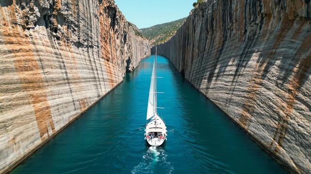 Sailing yacht navigating the narrow turquoise waters of the Corinth Canal in Greece on a sunny day
