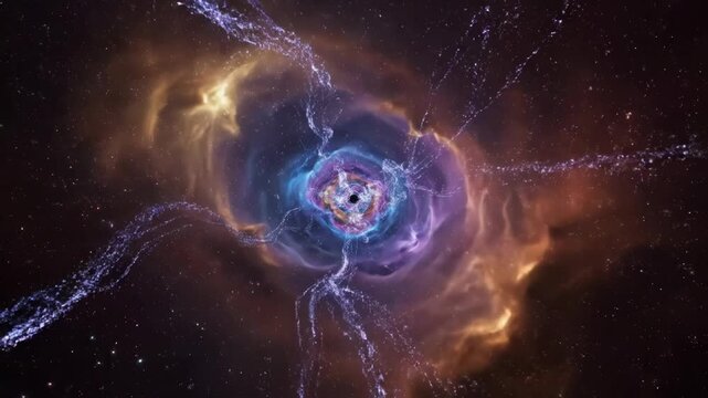 Abstract cosmic gateway to another dimension, featuring swirling nebulae and stellar dust around a powerful gravitational singularity