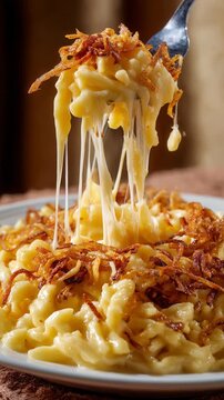 Delicious creamy macaroni and cheese, golden cheddar sauce stretching invitingly from pasta with crispy fried onion topping. hearty comfort food meal, satisfying mac dish promising rich