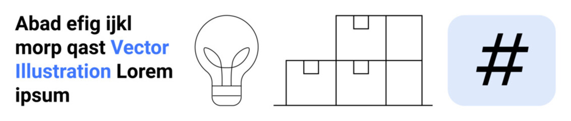 Obraz premium Light bulb, stacked boxes, metadata tag icon, and text for creativity, innovation, storage, social media, organization idea generation and modern concept design. Ideal for simple landing page