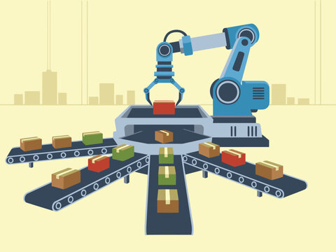 A robotic arm sorts packages on a conveyor belt, showcasing automated distribution. Modern, industrial setting with a cityscape backdrop. Clean, bright, and efficient.