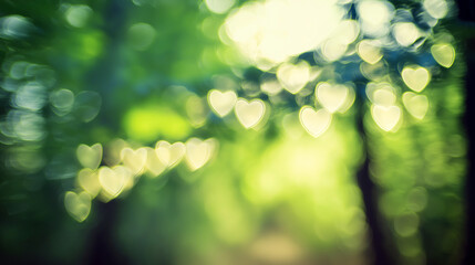 Fototapeta premium Dreamy Green Forest Background with Heart-Shaped Bokeh Lights, Romantic Copy Space