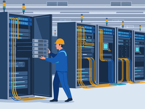 A technician installs a secure server in a data center. Focused composition, bright lighting, and a professional setting. Ideal for tech and IT visuals.