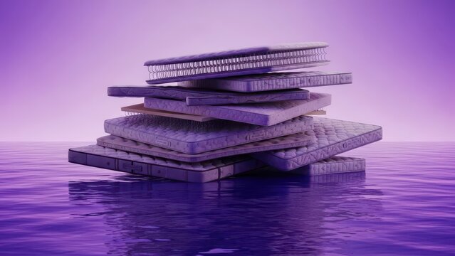 A stack of mattresses floating on a reflective purple water surface with bright sky