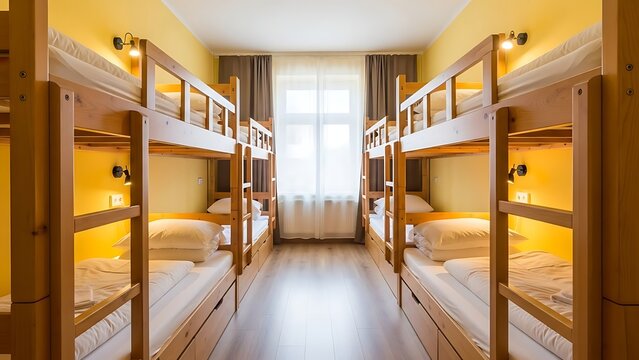 Cozy hostel room with bunk beds
