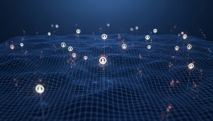 Abstract Digital Network Grid with Glowing User Icons. Social Connection and Global Data Flow Concept.