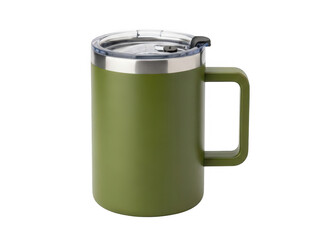 Green insulated coffee mug with lid isolated on transparent background