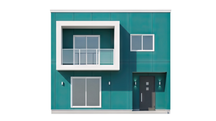 Modern Teal House with Balcony and Large Windows