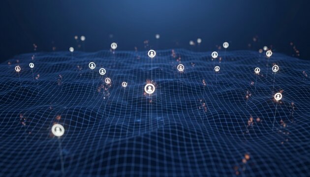 Abstract Digital Network Grid with Glowing User Icons. Social Connection and Global Data Flow Concept. - Powered by Adobe